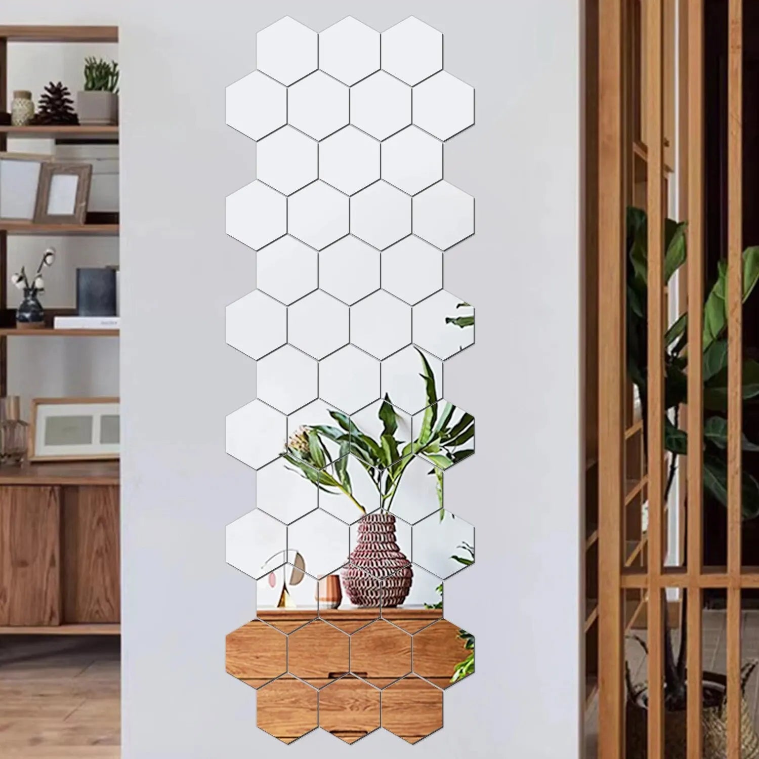 Kit com 12 Espelhos Decorativos Hexagonais – Adesivos Geométricos Removíveis para Parede (DIY)