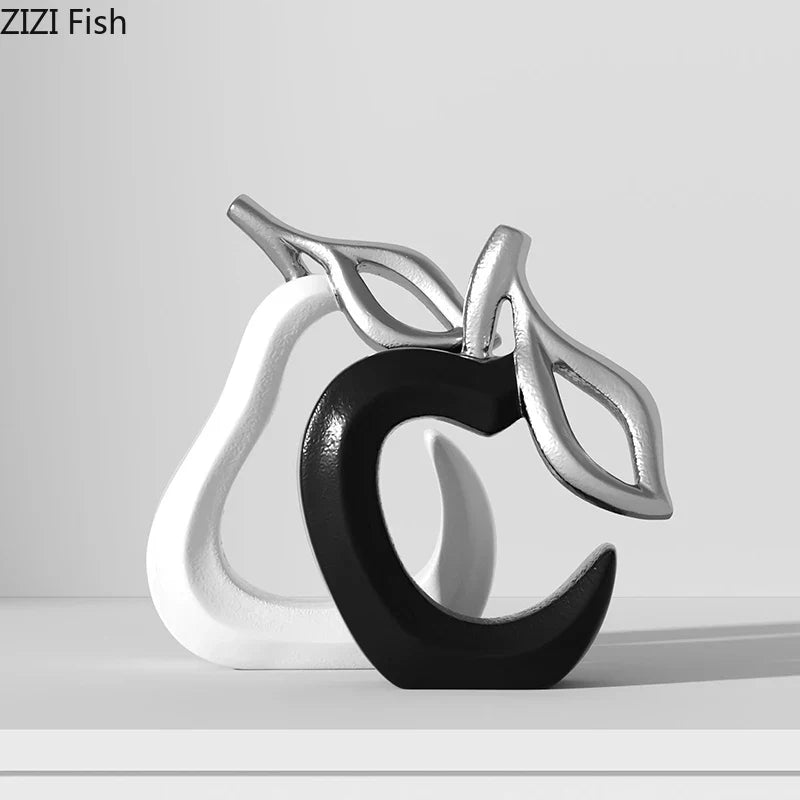 Esculturas Decorativas Frutas Listradas – Maçã e Abacaxi em Resina Minimalista Preto e Branco