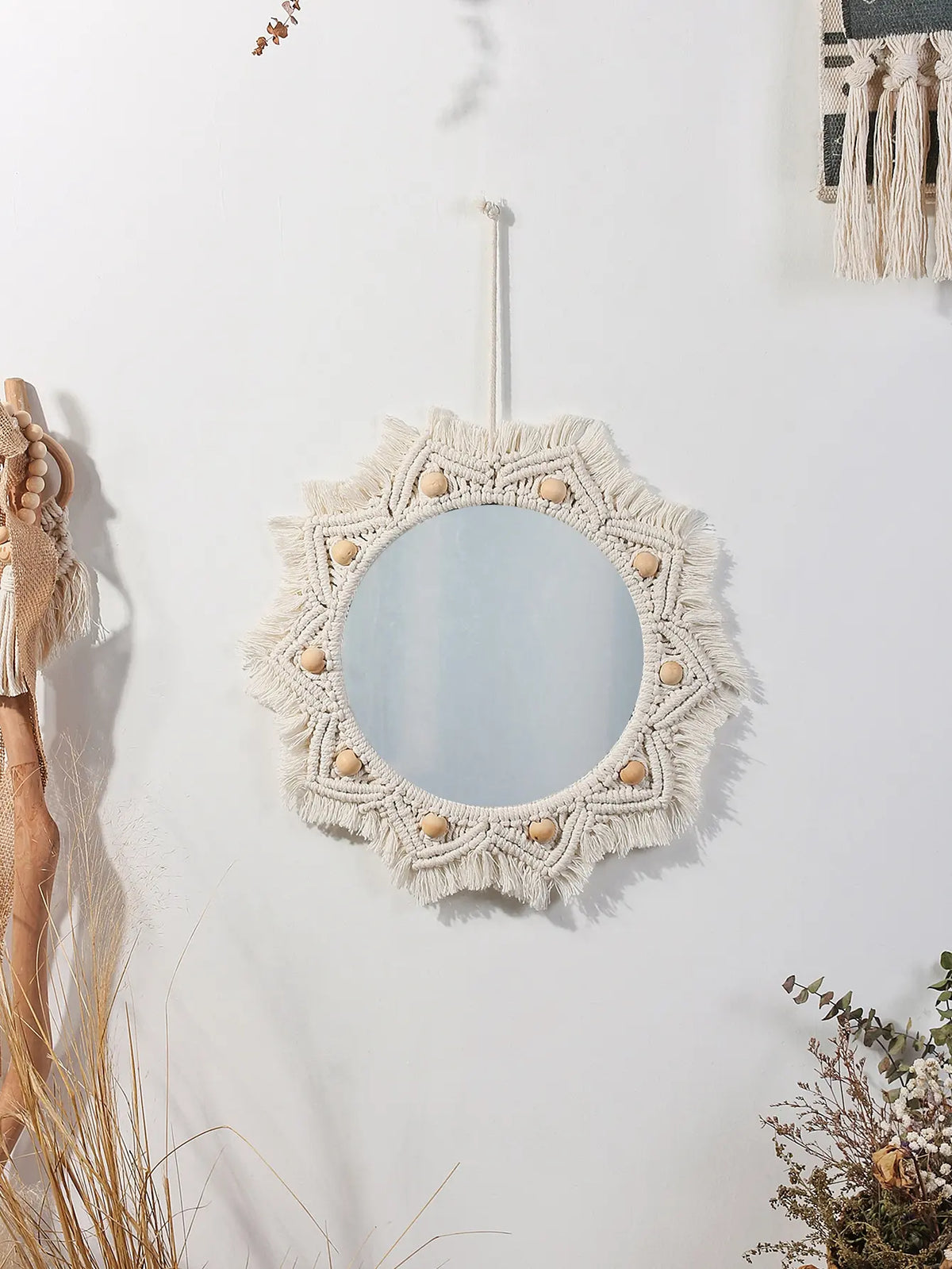 Espelho Decorativo Redondo com Moldura em Macramê – Estilo Nórdico Boho para Parede