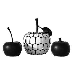 Esculturas Decorativas Frutas Listradas – Maçã e Abacaxi em Resina Minimalista Preto e Branco
