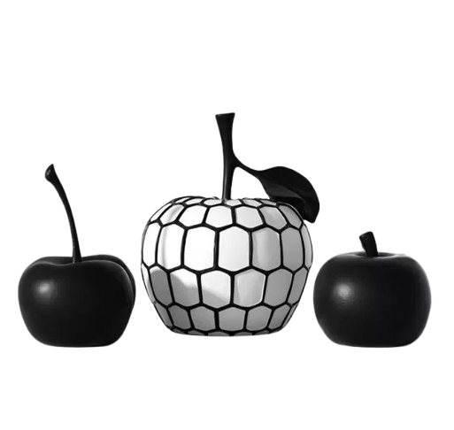 Esculturas Decorativas Frutas Listradas – Maçã e Abacaxi em Resina Minimalista Preto e Branco