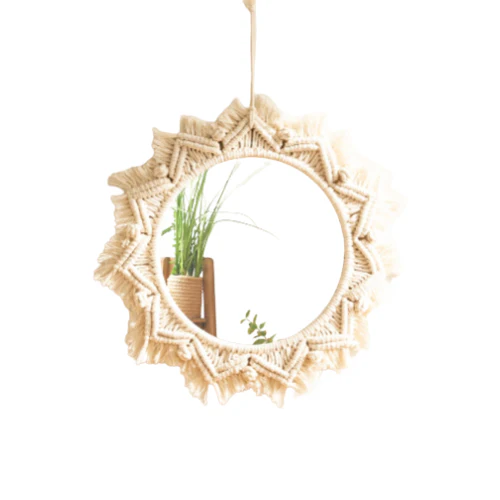 Espelho Decorativo Redondo com Moldura em Macramê – Estilo Nórdico Boho para Parede